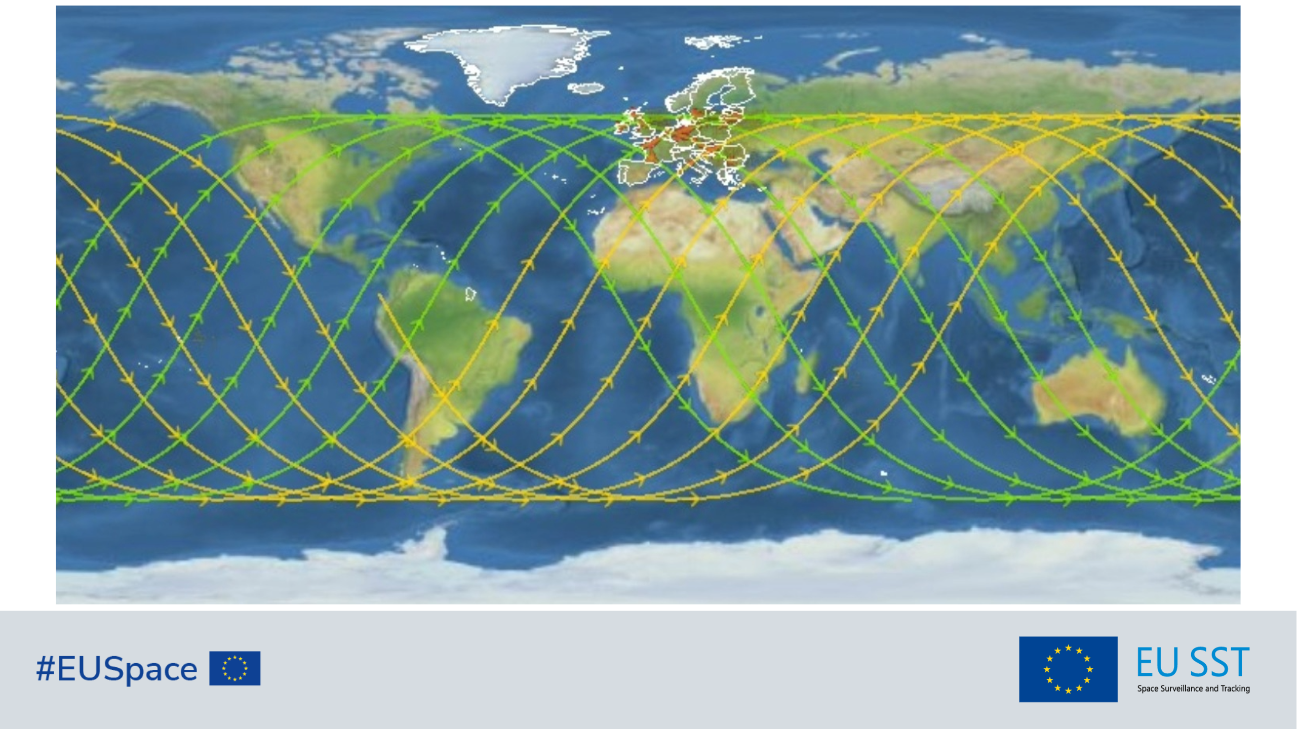 Map of the whole ground track. Yellow lines: ground track before the centre of the re-entry window. Green lines: ground track after the centre of the re-entry window. Red: overflights inside European countries and overseas territories. Note: the possible re-entry locations lie anywhere along the yellow and green lines. The re-entry point is considered to be at an altitude of 80 km.